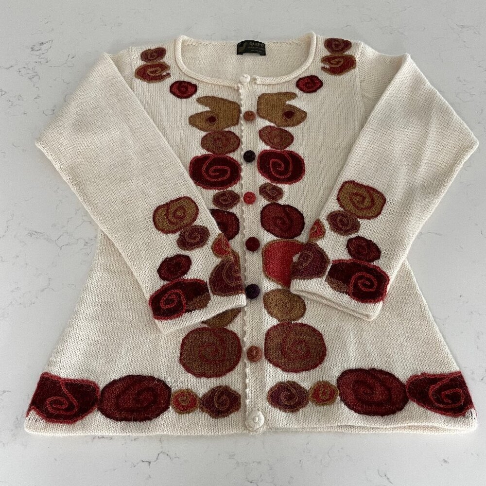 Quipu 100% Baby Alpaca Scoop Nk Knit Cardigan Funky Retro Vibes Cream Multi XS/S
